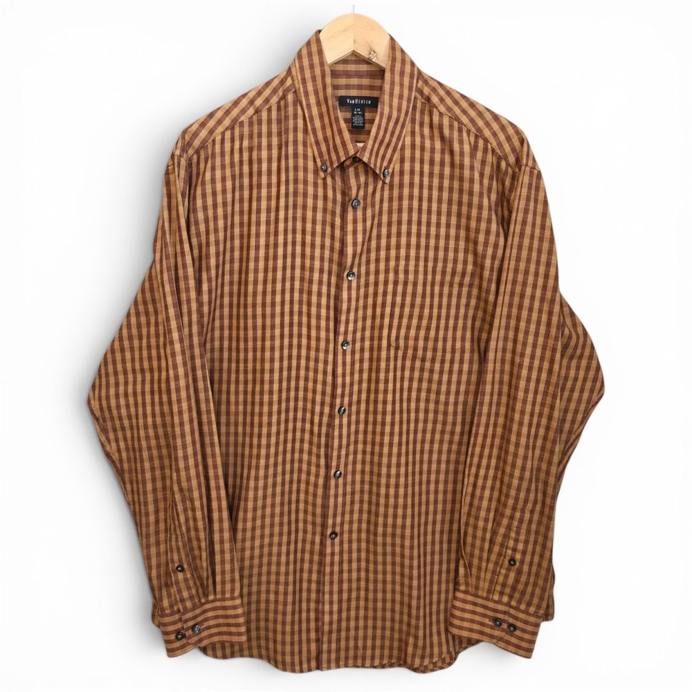 Van Heusen Dress Shirt Mens Large 16-16.5 Brown Check Button Down Cotton Blend